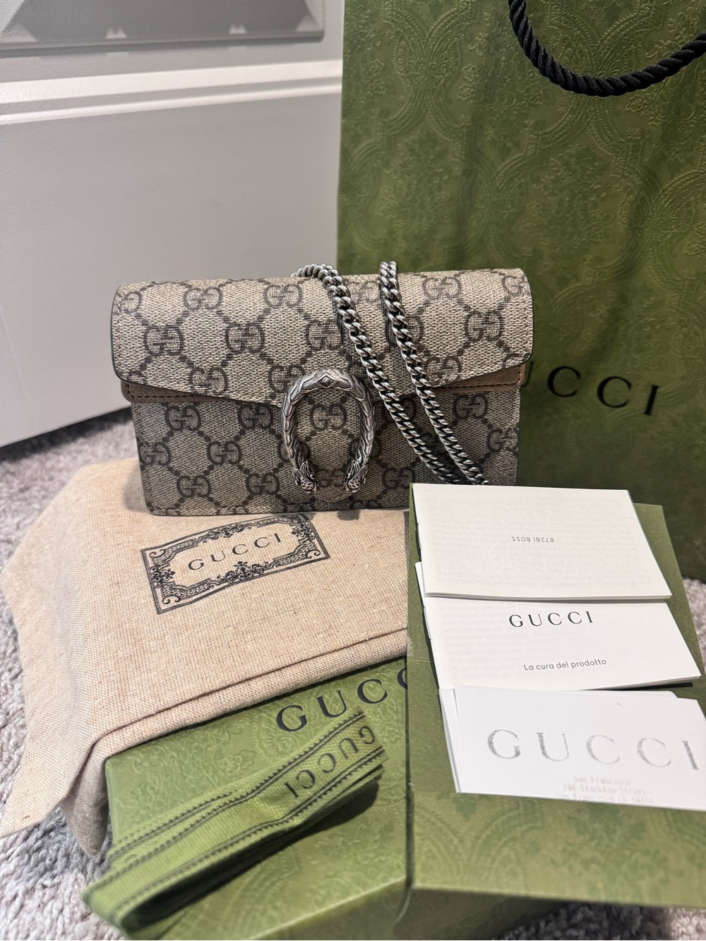 Gucci Beige GG Supreme Dionysus Chain Crossbody Bag